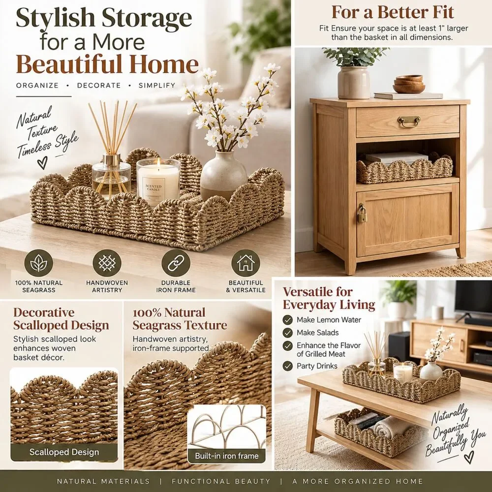 Boho Wicker Storage Baskets 2 Pack Large Scalloped Seagrass Rectangle Tray Set